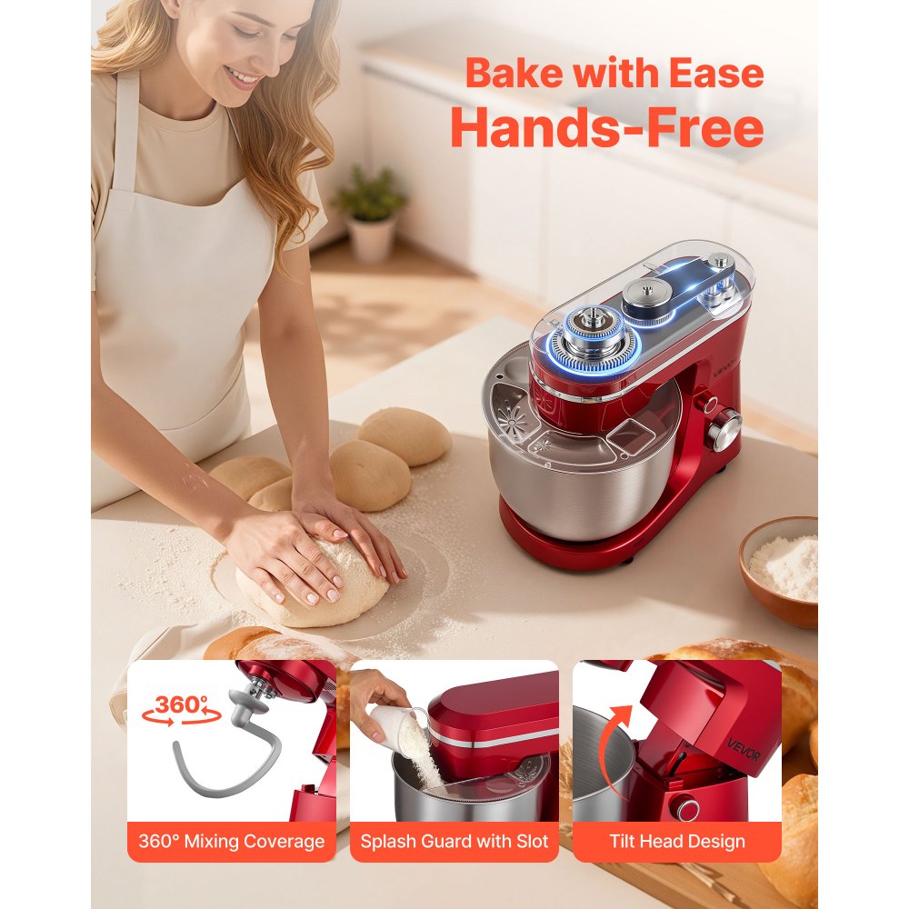 VEVOR Stand Mixer, 4.4 QT+6 QT Electric Kitchen Mixer, 300W Dough-Mixer, 10 Speeds Tilt-head Food-Mixer with Stainless Steel Bowls, Dough Hook, Whisk, Beater, for Baking, Mixing, Whipping & Kneading