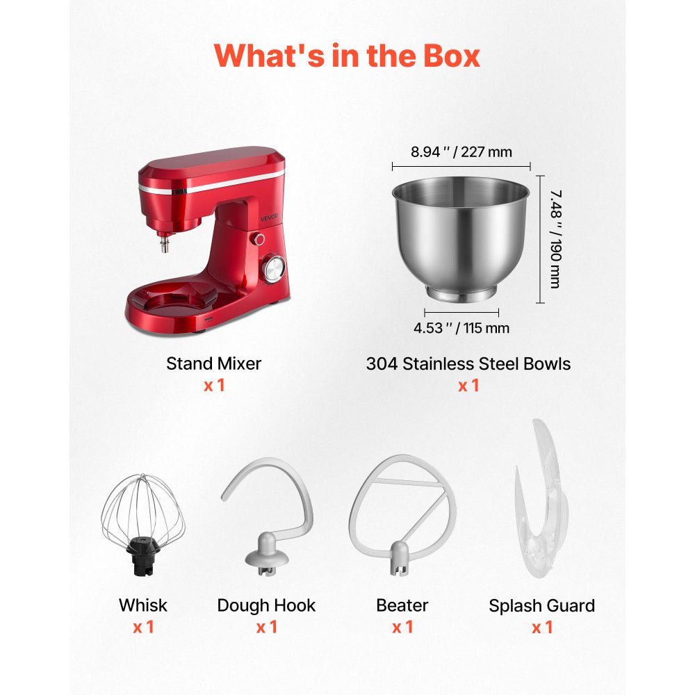 VEVOR Stand Mixer, 6 QT Electric Kitchen Mixer, 300W Dough-Mixer, 10 Speeds Tilt-head Food-Mixer with Stainless Steel Bowl, Dough Hook, Whisk, Beater, for Baking, Mixing, Whipping & Kneading, Red