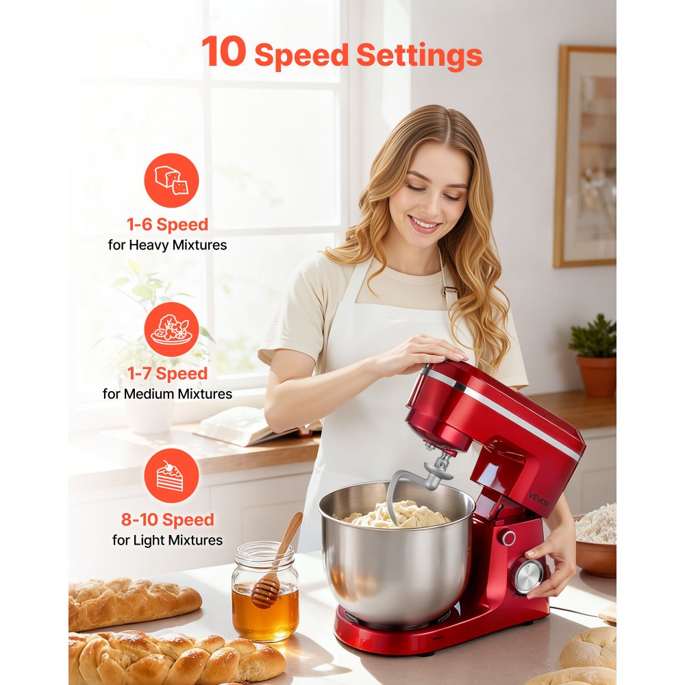 VEVOR Stand Mixer, 6 QT Electric Kitchen Mixer, 300W Dough-Mixer, 10 Speeds Tilt-head Food-Mixer with Stainless Steel Bowl, Dough Hook, Whisk, Beater, for Baking, Mixing, Whipping & Kneading, Red