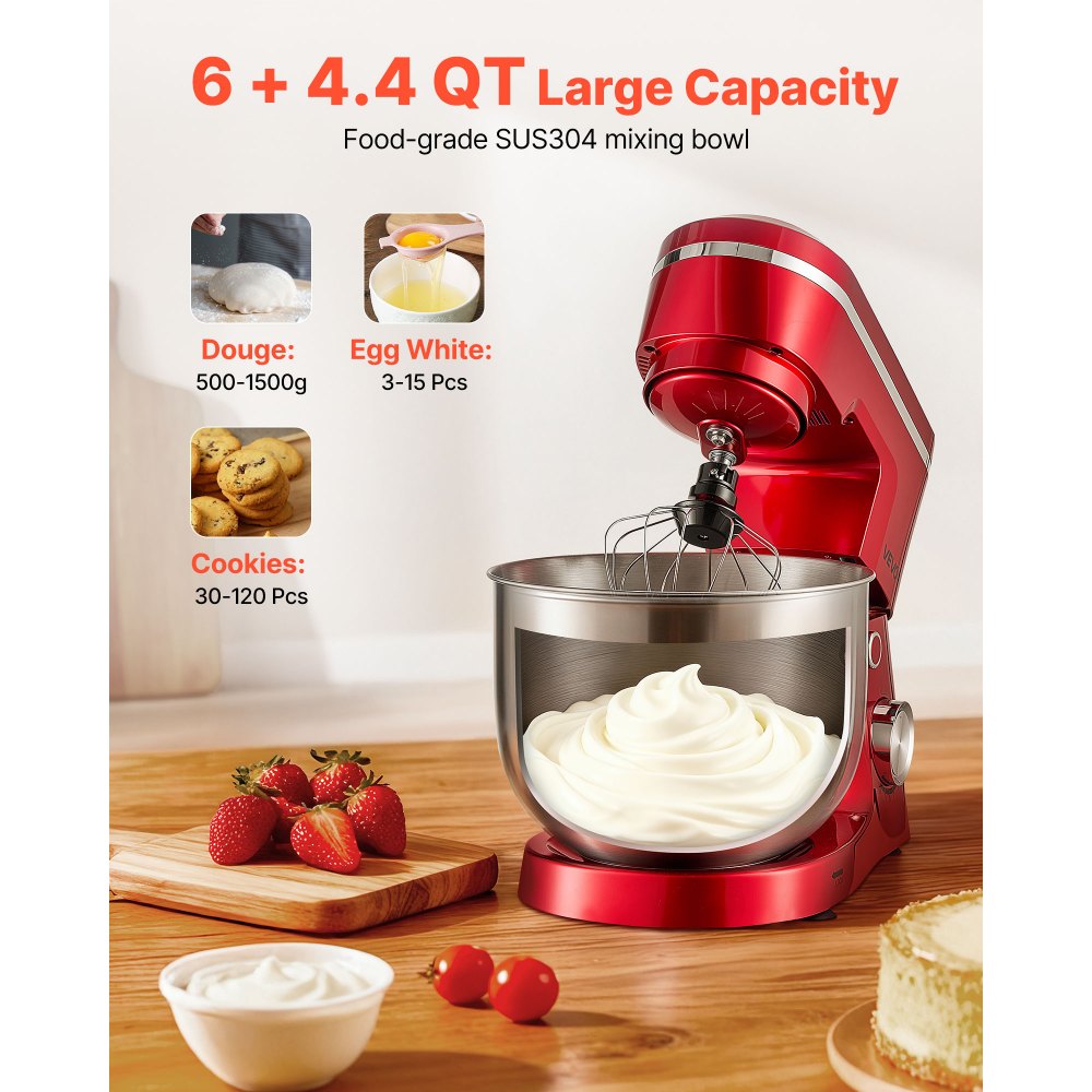 VEVOR Stand Mixer, 6 QT Electric Kitchen Mixer, 300W Dough-Mixer, 10 Speeds Tilt-head Food-Mixer with Stainless Steel Bowl, Dough Hook, Whisk, Beater, for Baking, Mixing, Whipping & Kneading, Red