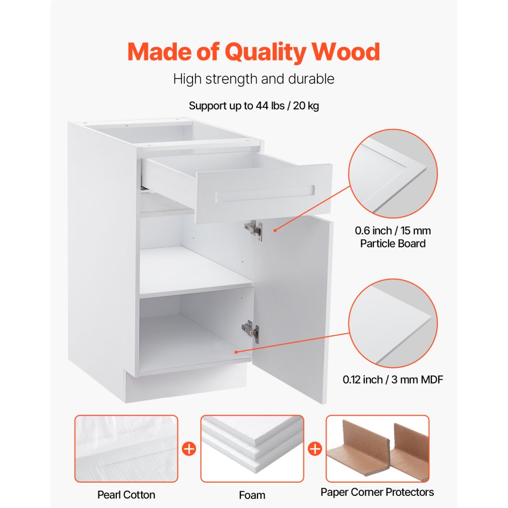 VEVOR White Shaker Base Cabinet with Drawer, 18-Inch Unassembled Drawer Base Cabinet, 18" W x 24" D x 34.5" H Ready to Assemble Cabinet with Soft-Close Door and Adjustable Shelf, for Home Office
