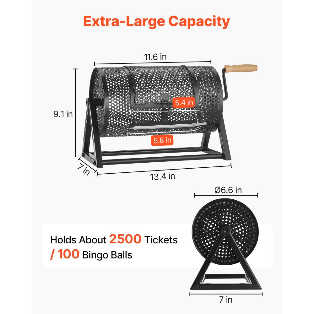 VEVOR Raffle Ticket Spinner, 11.6" x 6.6" Holds 2500 Tickets or 100 Ping Pong Balls, Raffle Drum Lottery Spinning Cage with Reinforced Handle, Stable Triangular Stand, for Events and Gatherings, Black