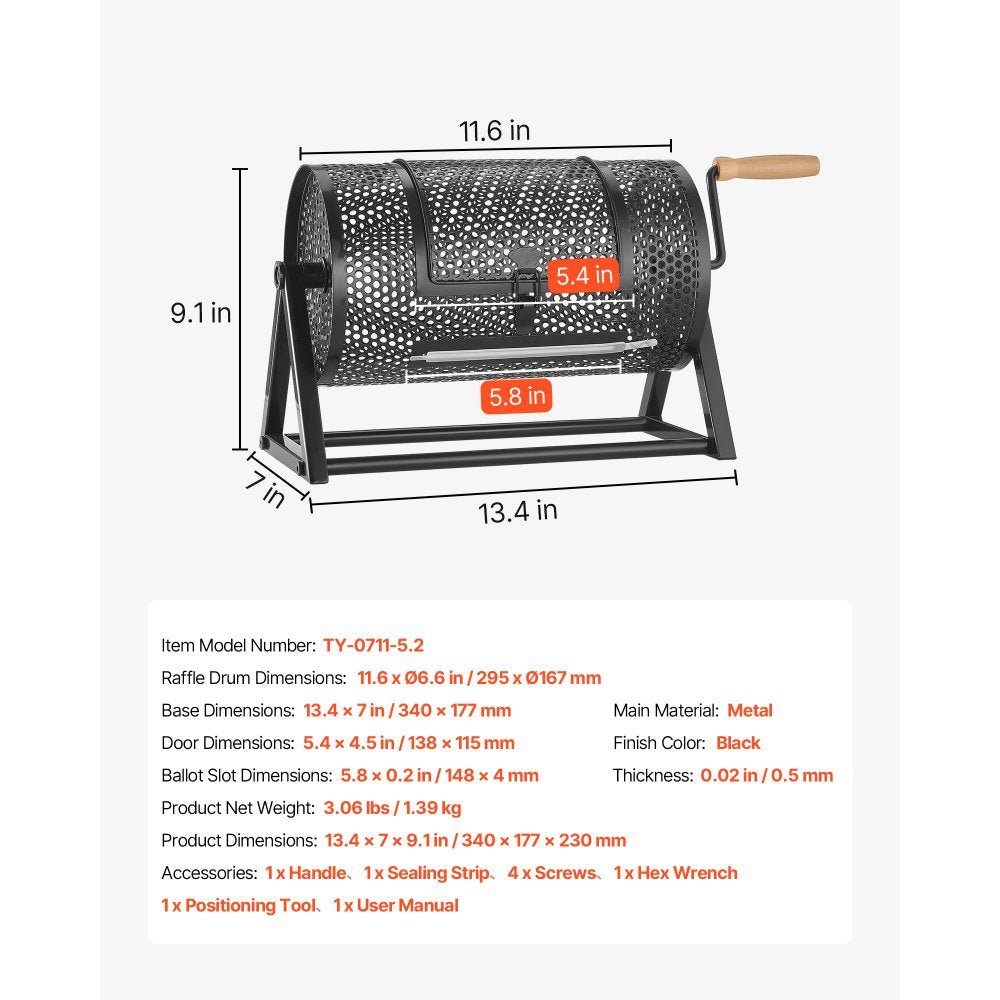 VEVOR Raffle Ticket Spinner, 11.6" x 6.6" Holds 2500 Tickets or 100 Ping Pong Balls, Raffle Drum Lottery Spinning Cage with Reinforced Handle, Stable Triangular Stand, for Events and Gatherings, Black