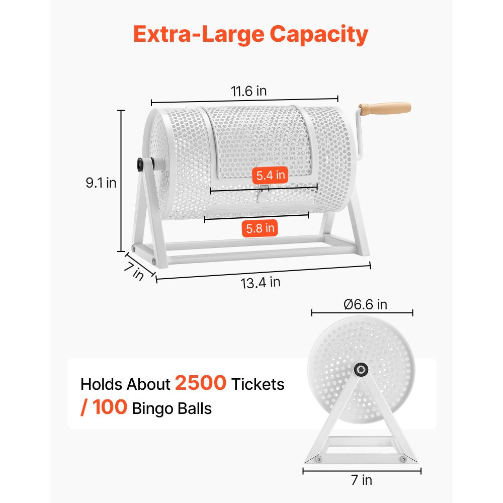 VEVOR Raffle Ticket Spinner, 11.6" x 6.6" Holds 2500 Tickets or 100 Ping Pong Balls, Raffle Drum Lottery Spinning Cage with Reinforced Handle, Stable Triangular Stand, for Events and Gatherings, White