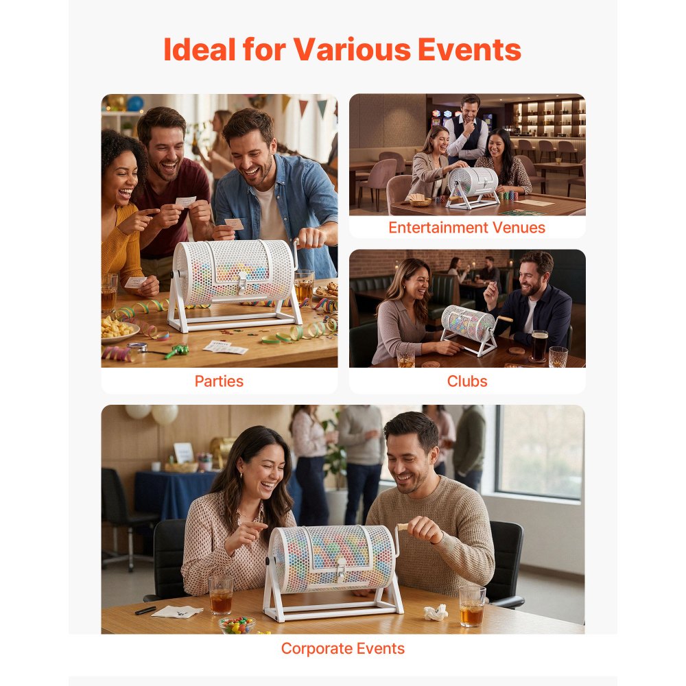 VEVOR Raffle Ticket Spinner, 11.6" x 6.6" Holds 2500 Tickets or 100 Ping Pong Balls, Raffle Drum Lottery Spinning Cage with Reinforced Handle, Stable Triangular Stand, for Events and Gatherings, White