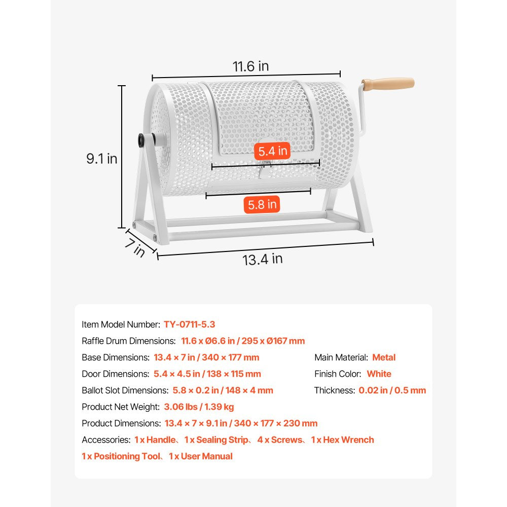 VEVOR Raffle Ticket Spinner, 11.6" x 6.6" Holds 2500 Tickets or 100 Ping Pong Balls, Raffle Drum Lottery Spinning Cage with Reinforced Handle, Stable Triangular Stand, for Events and Gatherings, White