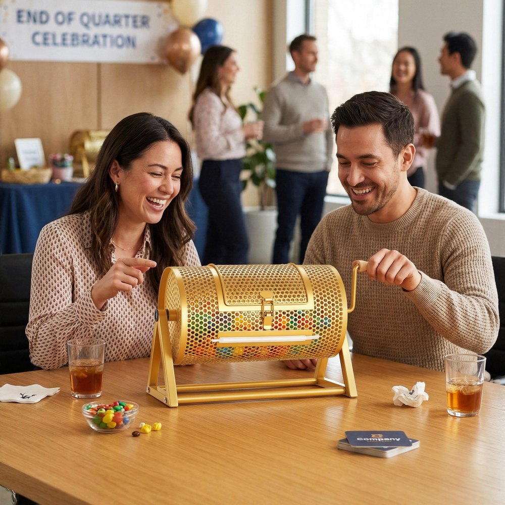VEVOR Raffle Ticket Spinner, 11.6" x 6.6" Holds 2500 Tickets or 100 Ping Pong Balls, Raffle Drum Lottery Spinning Cage with Reinforced Handle, Stable Triangular Stand, for Events and Gatherings, Gold
