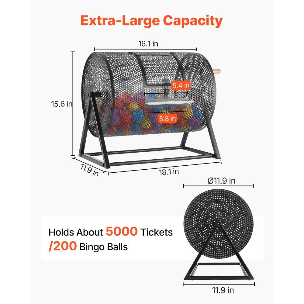 VEVOR Raffle Ticket Spinner, 16.1" x 11.9" Holds 5000 Tickets or 200 Ping Pong Balls, Raffle Drum Lottery Spinning Cage with Reinforced Handle, Stable Triangular Stand, for Events, Gatherings, Black