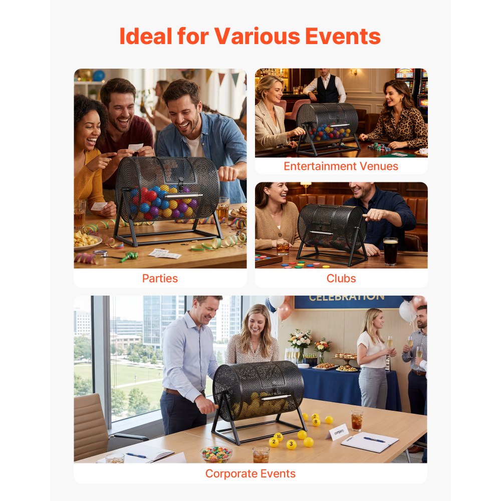 VEVOR Raffle Ticket Spinner, 16.1" x 11.9" Holds 5000 Tickets or 200 Ping Pong Balls, Raffle Drum Lottery Spinning Cage with Reinforced Handle, Stable Triangular Stand, for Events, Gatherings, Black