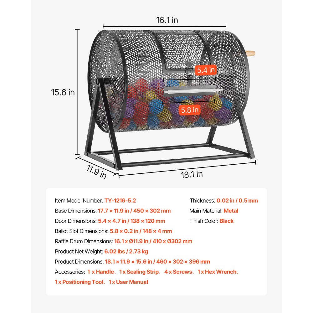 VEVOR Raffle Ticket Spinner, 16.1" x 11.9" Holds 5000 Tickets or 200 Ping Pong Balls, Raffle Drum Lottery Spinning Cage with Reinforced Handle, Stable Triangular Stand, for Events, Gatherings, Black