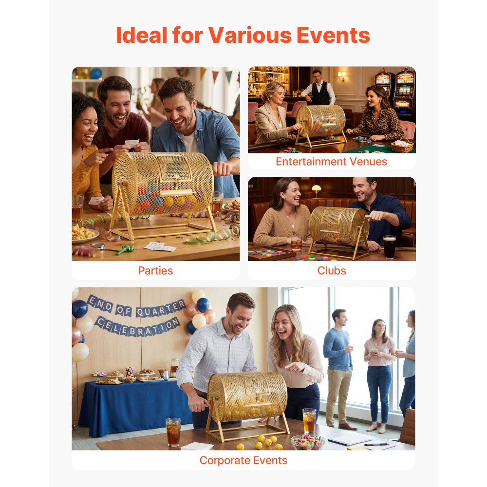 VEVOR Raffle Ticket Spinner, 16.1" x 11.9" Holds 5000 Tickets or 200 Ping Pong Balls, Raffle Drum Lottery Spinning Cage with Reinforced Handle, Stable Triangular Stand, for Events and Gatherings, Gold