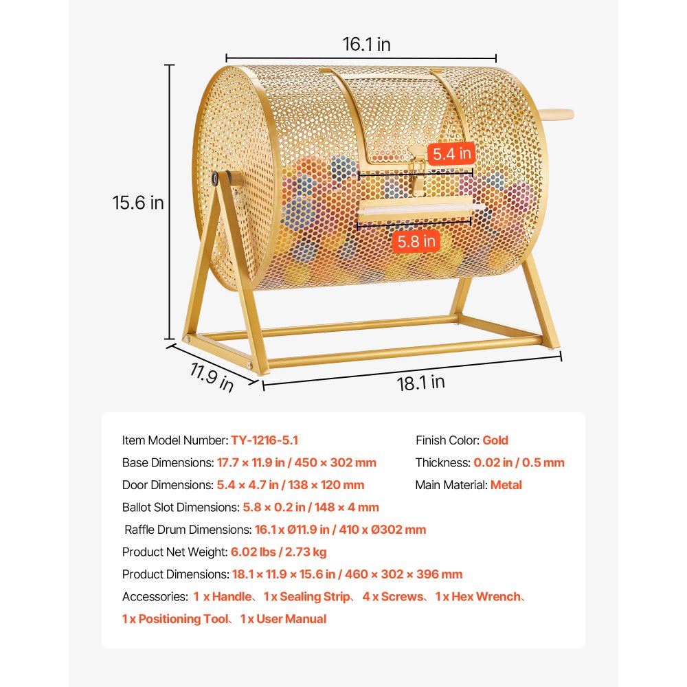 VEVOR Raffle Ticket Spinner, 16.1" x 11.9" Holds 5000 Tickets or 200 Ping Pong Balls, Raffle Drum Lottery Spinning Cage with Reinforced Handle, Stable Triangular Stand, for Events and Gatherings, Gold