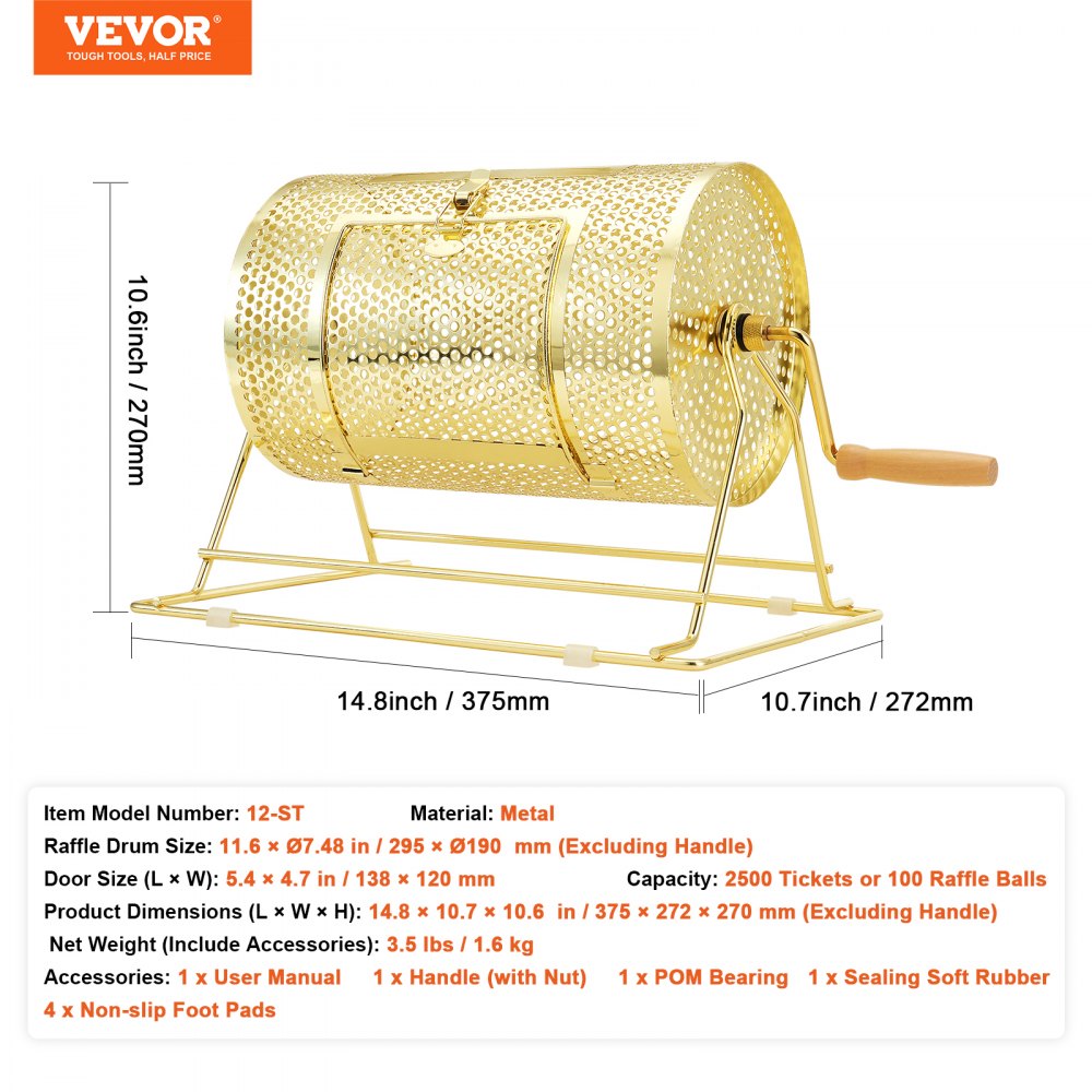 VEVOR Raffle Drum,Holds 2500 Tickets or 100 Ping Pong Balls, Metal Lottery Spinning Drawing with Wooden Turning Handle,11.6 x Ø7.48 inch Brass Plated Raffle Ticket Spinning Cage, for Bingo Ballot Pa