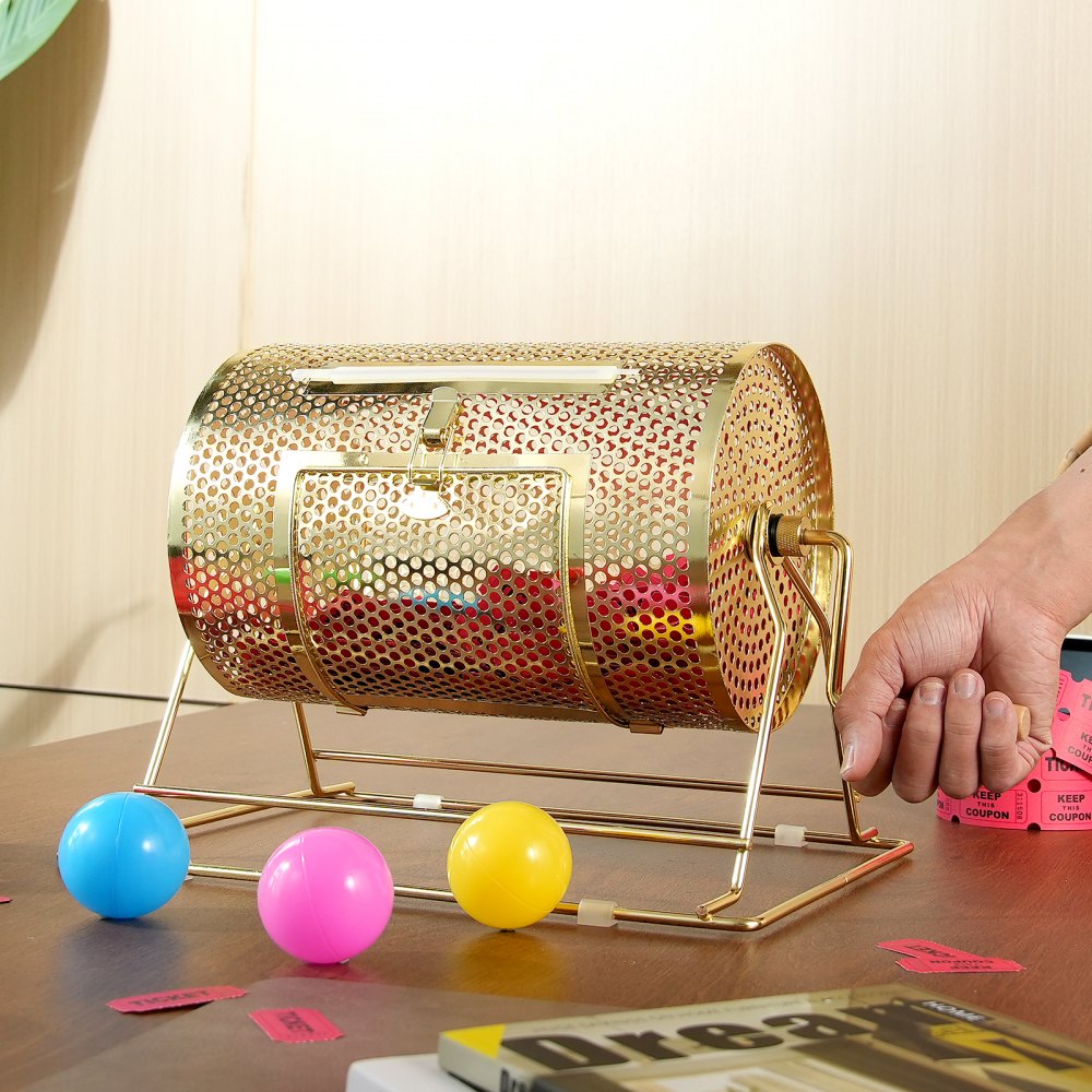 VEVOR Raffle Drum,Holds 2500 Tickets or 100 Ping Pong Balls, Metal Lottery Spinning Drawing with Wooden Turning Handle,11.6 x Ø7.48 inch Brass Plated Raffle Ticket Spinning Cage, for Bingo Ballot Pa