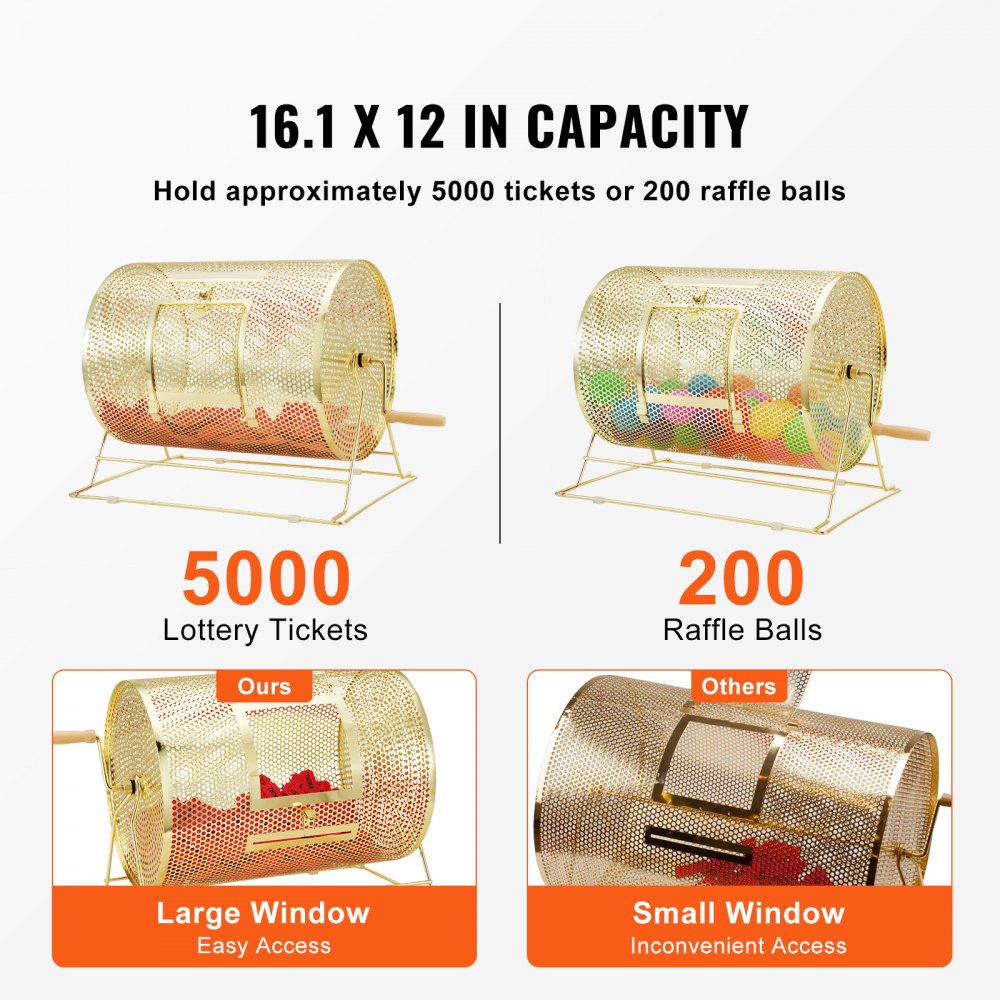VEVOR Raffle Drum, Holds 5000 Tickets or 200 Ping Pong Balls, Metal Lottery Spinning Drawing with Wooden Turning Handle,16.1 x Ø12 inch Brass Plated Raffle Ticket Spinning Cage, for Bingo Ballot Part