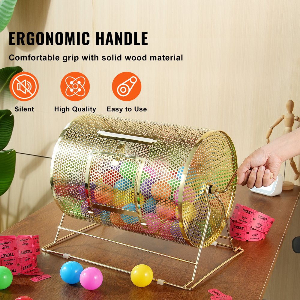 VEVOR Raffle Drum, Holds 5000 Tickets or 200 Ping Pong Balls, Metal Lottery Spinning Drawing with Wooden Turning Handle,16.1 x Ø12 inch Brass Plated Raffle Ticket Spinning Cage, for Bingo Ballot Part
