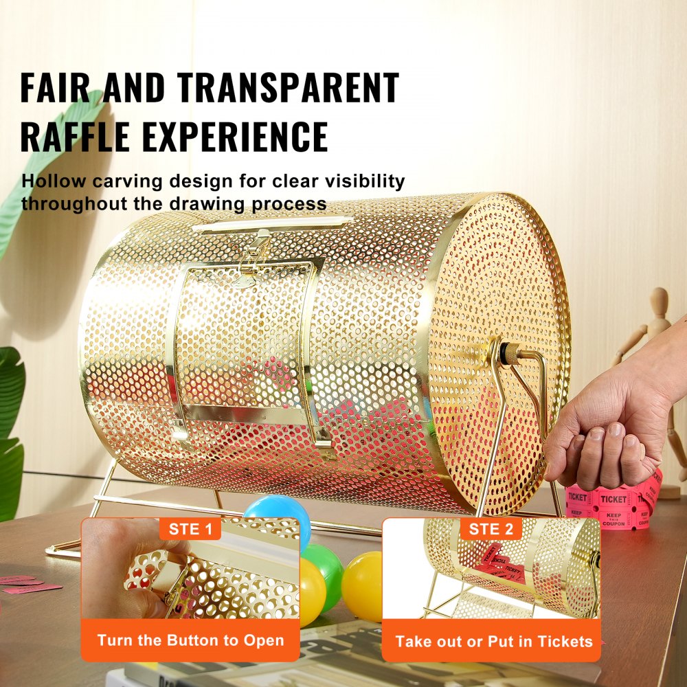 VEVOR Raffle Drum, Holds 5000 Tickets or 200 Ping Pong Balls, Metal Lottery Spinning Drawing with Wooden Turning Handle,16.1 x Ø12 inch Brass Plated Raffle Ticket Spinning Cage, for Bingo Ballot Part