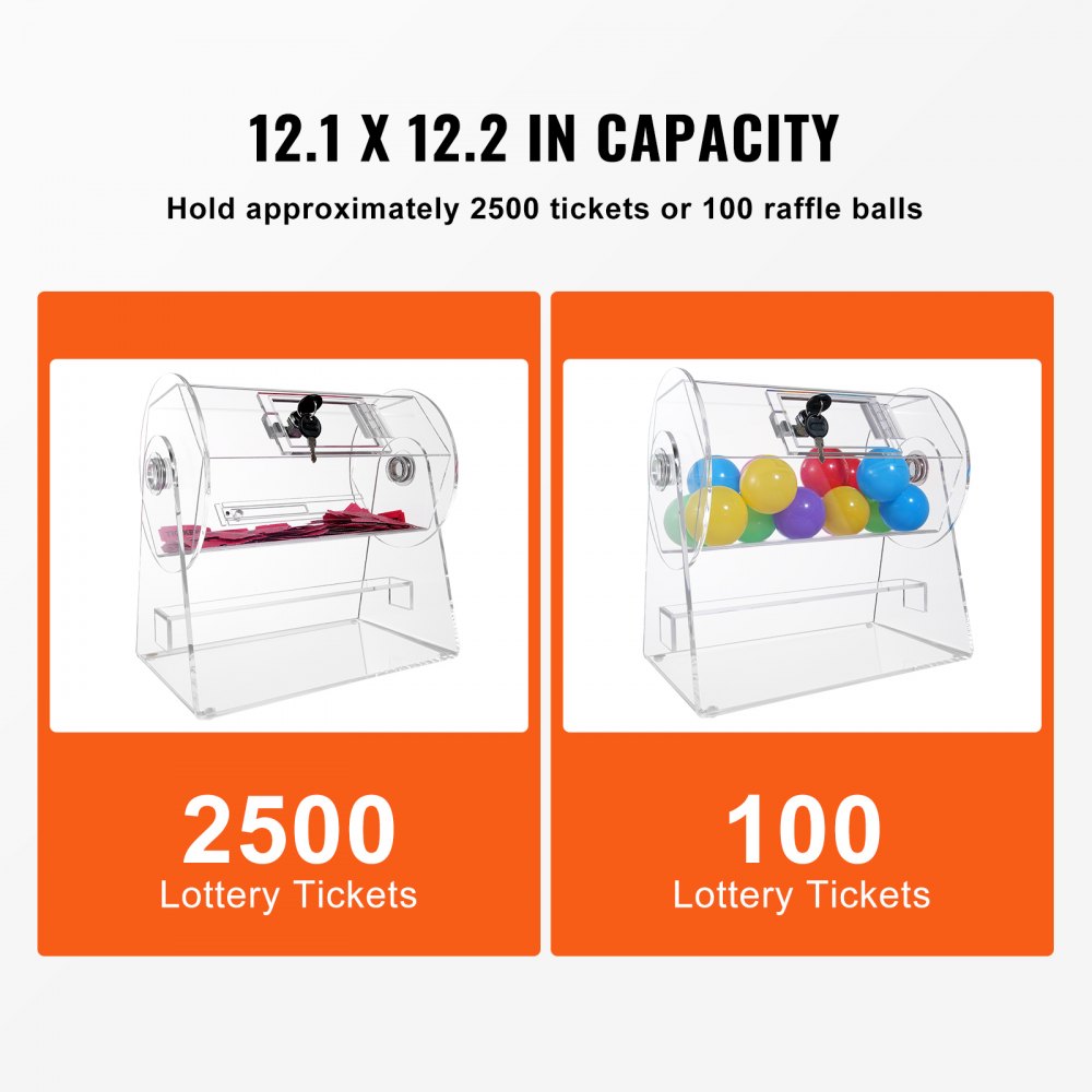 VEVOR Acrylic Raffle Drum, Professional Raffle Ticket Spinning Cage with 2 Keys, Transparent Lottery Spinning Drawing, Holds 2500 Tickets or 100 Raffle Balls,Raffle Ticket Box for Lottery Games Bingo