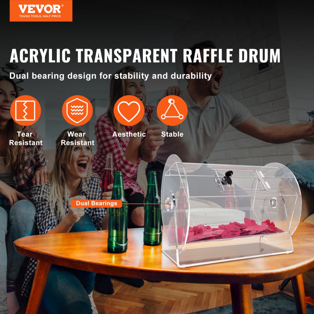 VEVOR Acrylic Raffle Drum,Professional Raffle Ticket Spinning Cage with 2 Keys, Transparent Lottery Spinning Drawing, Holds 5000 Tickets or 200 Raffle Balls, Raffle Ticket Box for Lottery Games Bingo