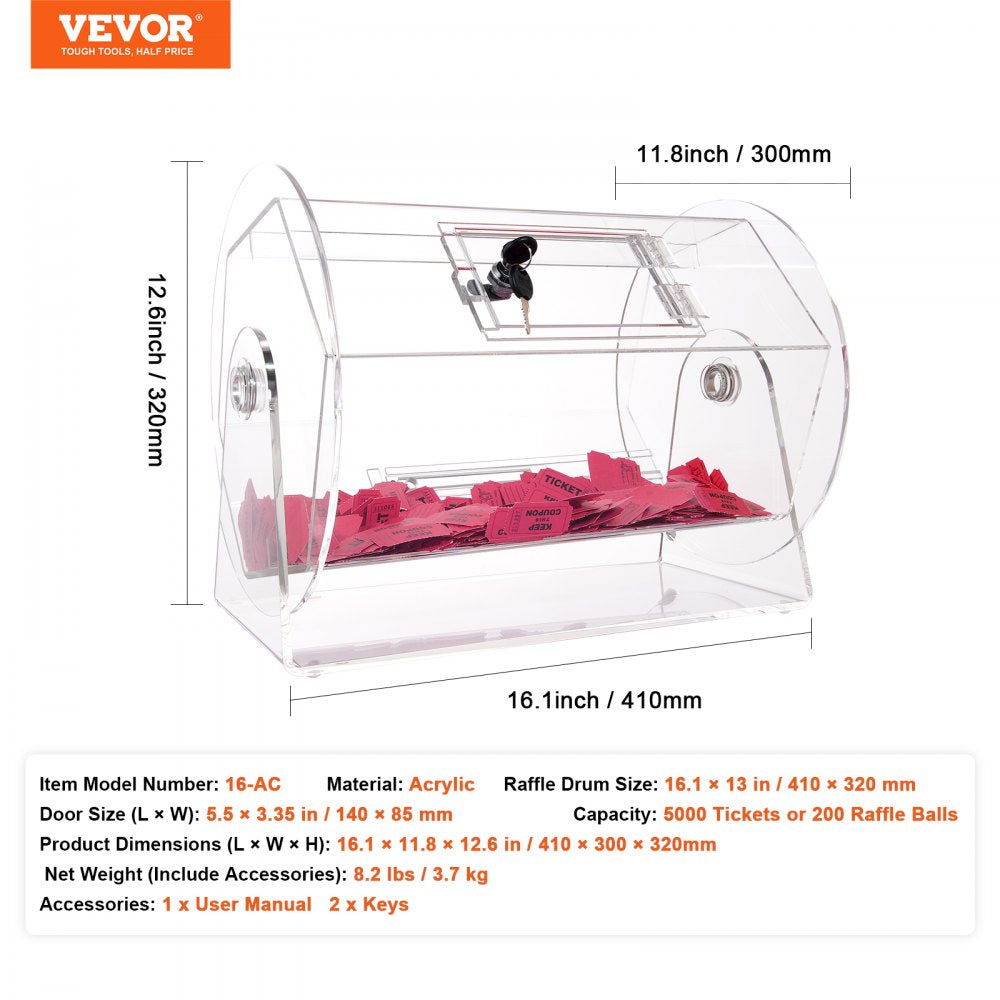 VEVOR Acrylic Raffle Drum,Professional Raffle Ticket Spinning Cage with 2 Keys, Transparent Lottery Spinning Drawing, Holds 5000 Tickets or 200 Raffle Balls, Raffle Ticket Box for Lottery Games Bingo