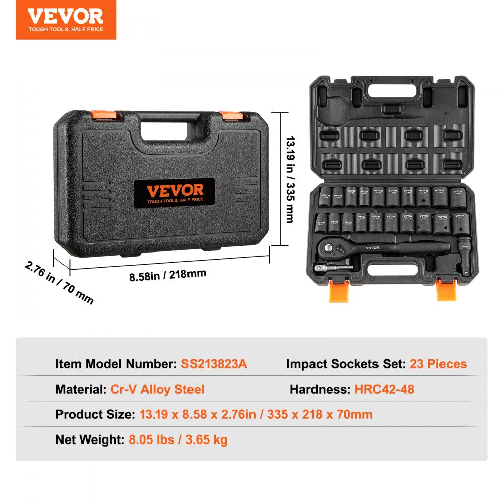 VEVOR Impact Socket Set with 1/2" Drive, Comprising 23 Pieces in SAE (7/16" -1") & Metric Measurements, 6 Point Cr-V Alloy Steel, Ideal for Car Maintenance, Includes Ratchet Handle and Durable Storage Case