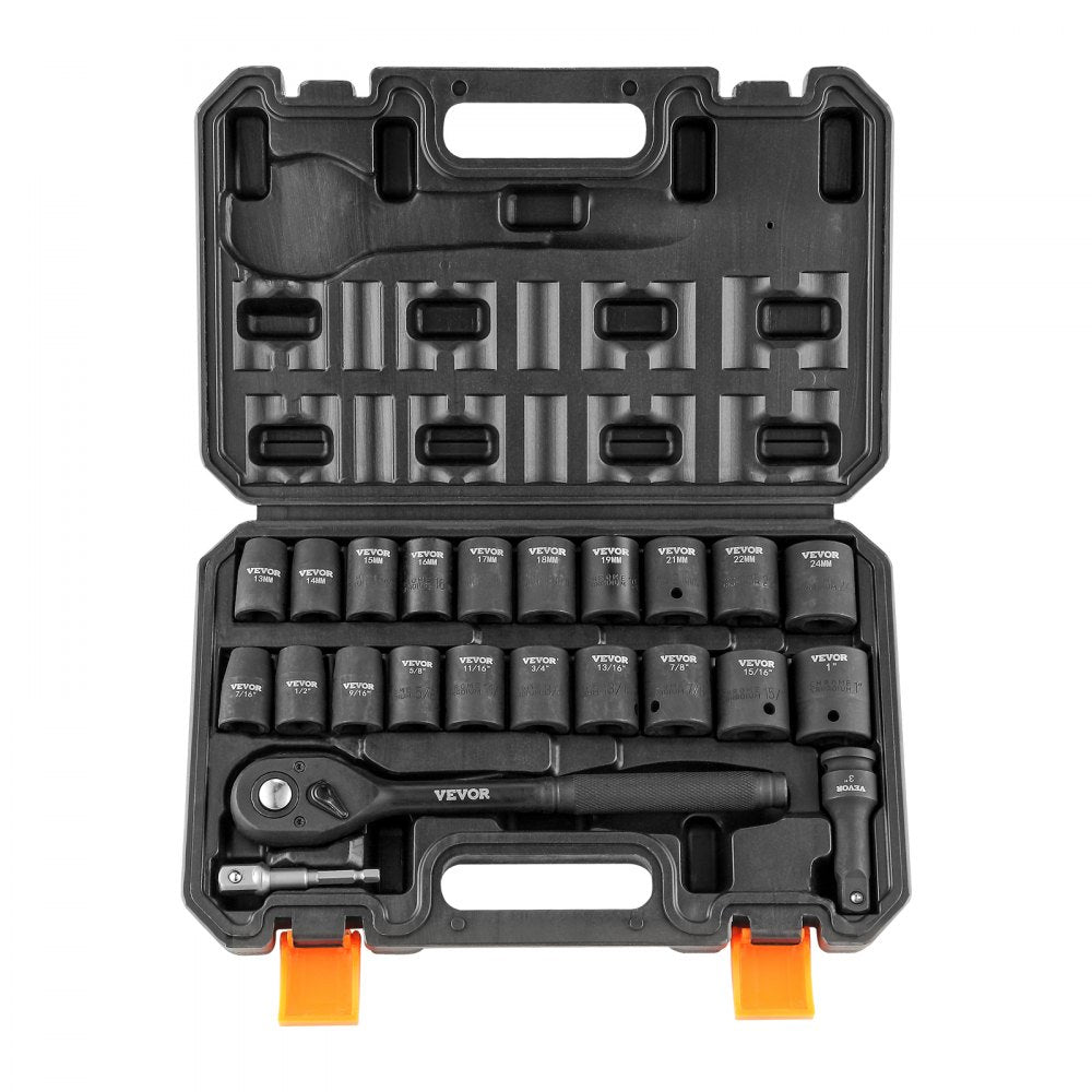 VEVOR Impact Socket Set with 1/2" Drive, Comprising 23 Pieces in SAE (7/16" -1") & Metric Measurements, 6 Point Cr-V Alloy Steel, Ideal for Car Maintenance, Includes Ratchet Handle and Durable Storage Case
