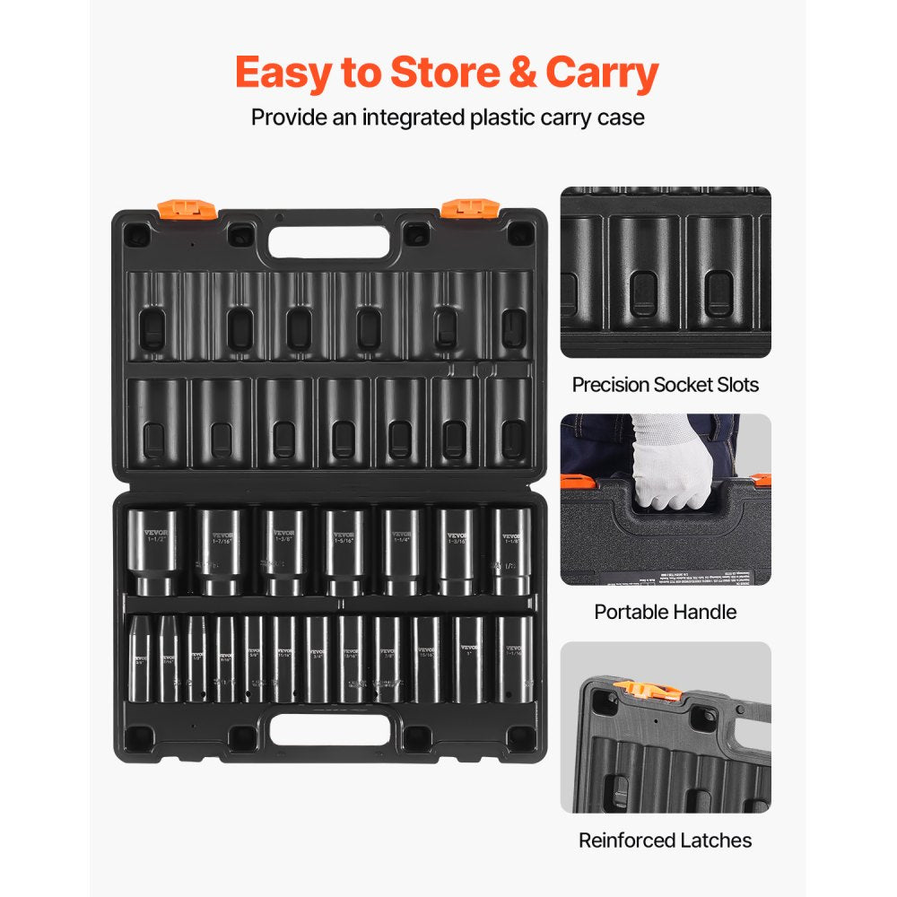 VEVOR Impact Socket Set, 1/2" 19 Piece Impact Sockets, Deep Socket, 6-Point Sockets, 1/2 Inches Drive Socket Set Impact 3/8 inch - 1-1/2 inch, Cr-V Rugged Construction, with a Storage Cage