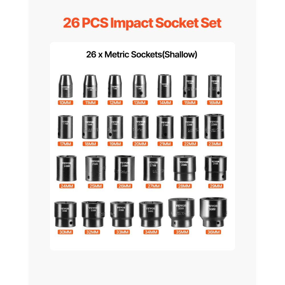 VEVOR Impact Socket Set 1/2 Inches 26 Piece Impact Sockets, Shallow Socket, 6-Point Sockets, Rugged Construction, CR-V, 1/2 Inches Drive Socket Set Impact Metric 10mm - 36mm, with a Storage Cage