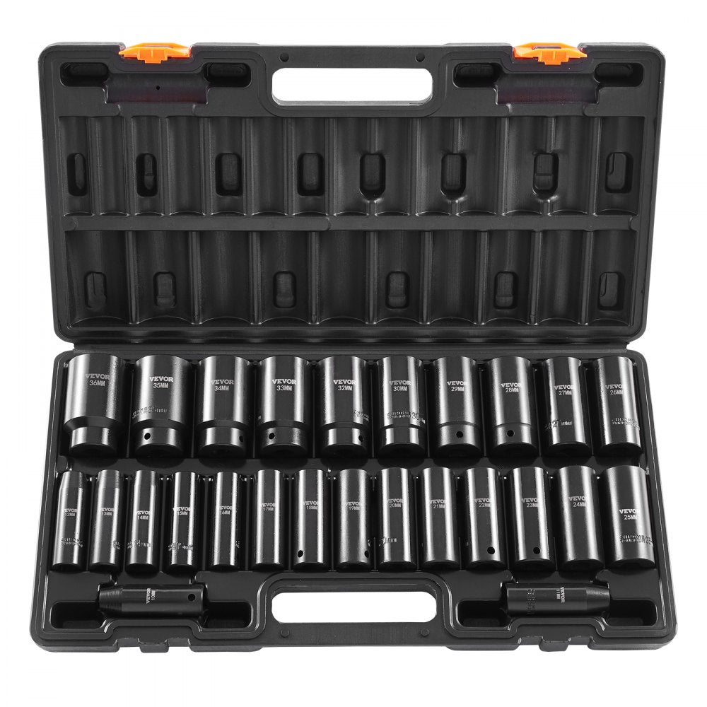 VEVOR Impact Socket Set, 1/2" 26 Piece Impact Sockets, Deep Socket, 6-Point Sockets, 1/2 Inches Drive Socket Set Impact Metric 10mm - 36mm, Cr-V Rugged Construction, with a Storage Cage
