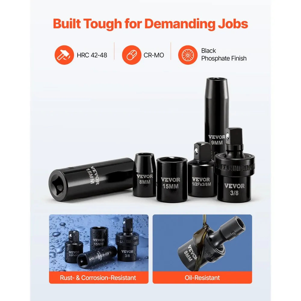 VEVOR 3/8 in Drive Impact Socket Set, 67 Piece, 6 Point Shallow & Deep Impact Sockets, SAE (5/16 in to 3/4 in) and Metric (8 mm to 19 mm), Swivel Sockets, Adapters, Cr-V & Cr-Mo Steel, Carrying Case