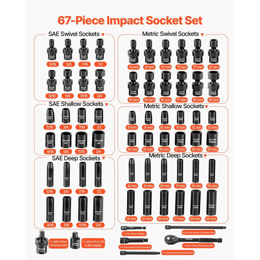 VEVOR 3/8 in Drive Impact Socket Set, 67 Piece, 6 Point Shallow & Deep Impact Sockets, SAE (5/16 in to 3/4 in) and Metric (8 mm to 19 mm), Swivel Sockets, Adapters, Cr-V & Cr-Mo Steel, Carrying Case