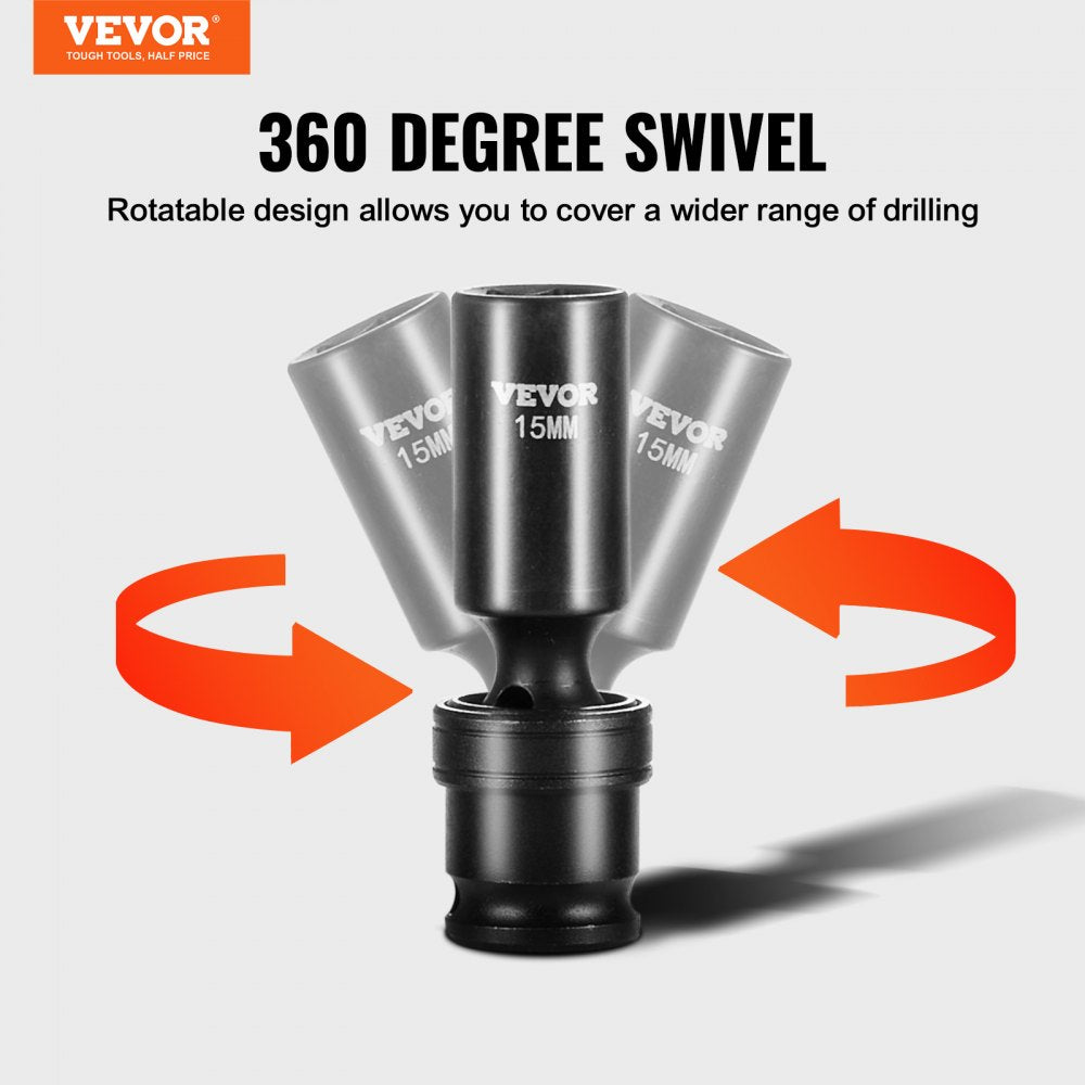 VEVOR 360 Degree Swivel Impact Socket Set, 3/8" Socket Set 14PCS Deep Universal Metric 10-19mm, 6 Point Cr-Mo Alloy Steel for Auto Repair, Easy-to-Read Size Markings, Rugged Construction, Storage Case