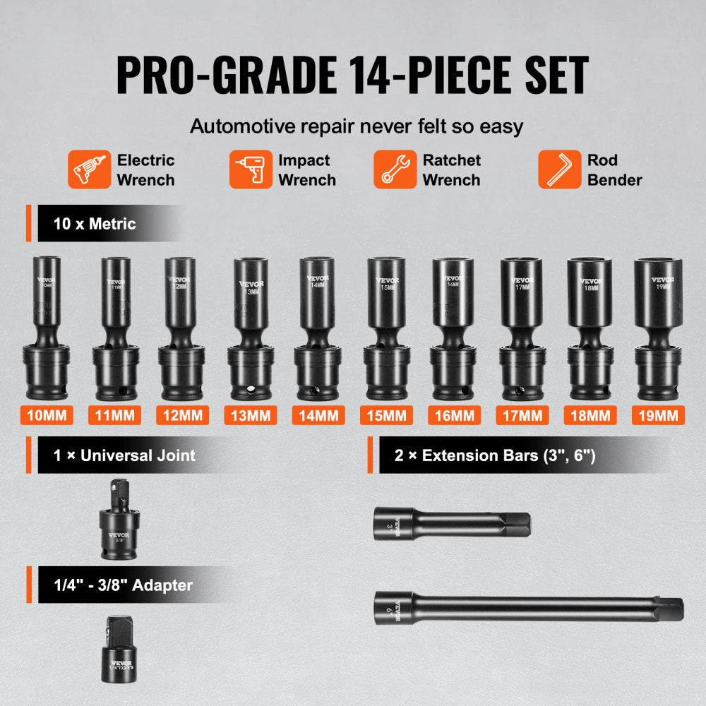 VEVOR 360 Degree Swivel Impact Socket Set, 3/8" Socket Set 14PCS Deep Universal Metric 10-19mm, 6 Point Cr-Mo Alloy Steel for Auto Repair, Easy-to-Read Size Markings, Rugged Construction, Storage Case