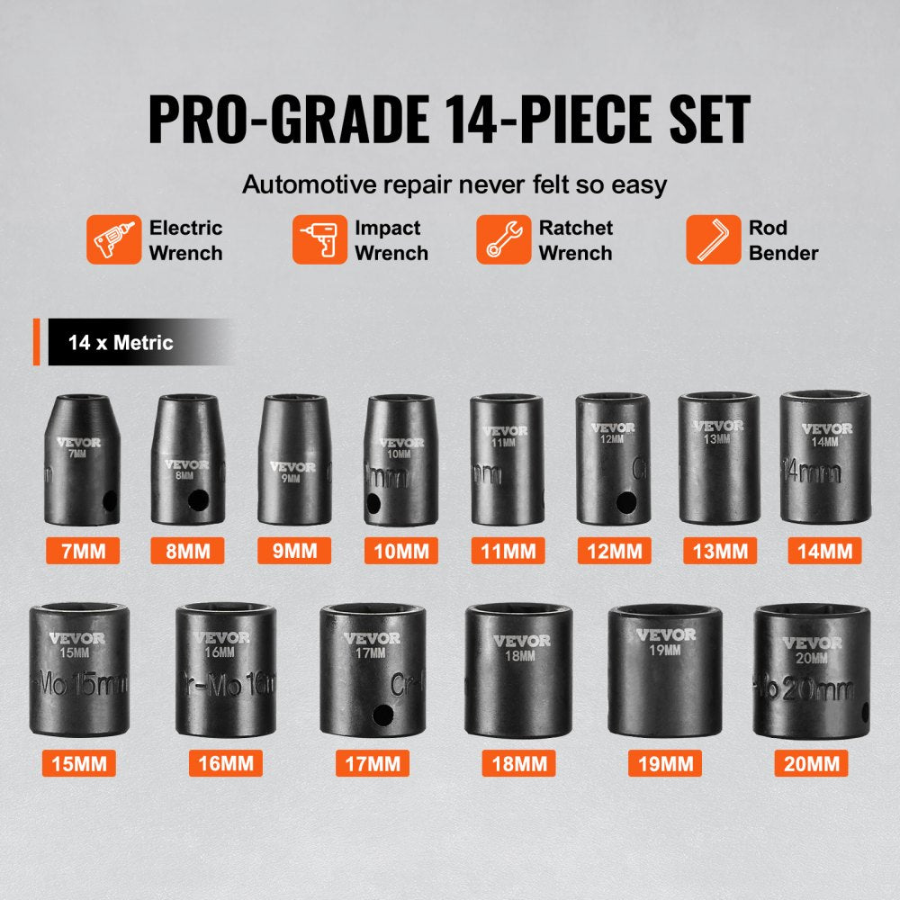 VEVOR 3/8" Drive Impact Socket Set, 14 Piece Shallow Socket Set Metric 7-20mm, 6 Point Cr-Mo Alloy Steel for Auto Repair, Easy-to-Read Size Markings, Rugged Construction, Includes Storage Case