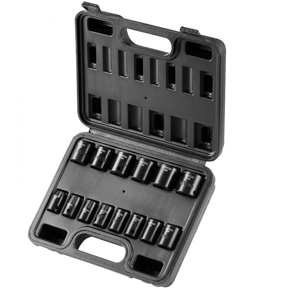 VEVOR 3/8" Drive Impact Socket Set, 14 Piece Shallow Socket Set Metric 7-20mm, 6 Point Cr-Mo Alloy Steel for Auto Repair, Easy-to-Read Size Markings, Rugged Construction, Includes Storage Case