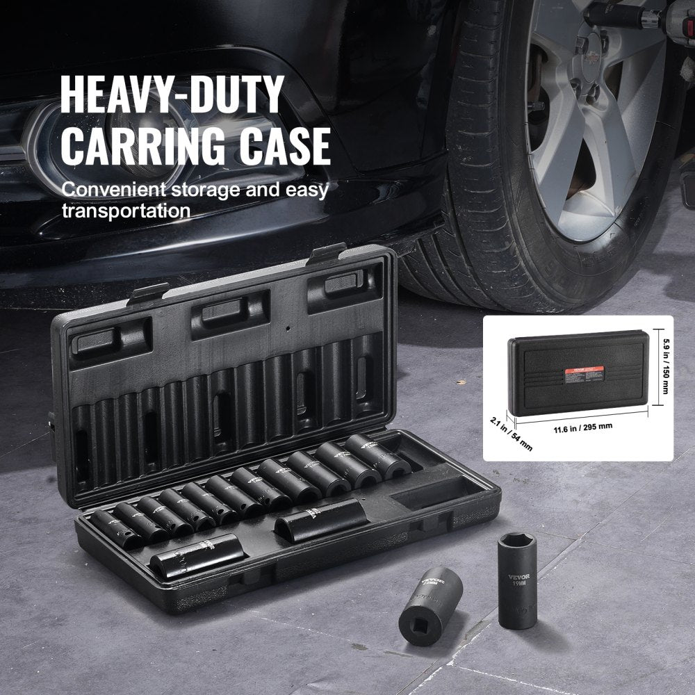 VEVOR 3/8" Drive Impact Socket Set, 15 Piece Deep Socket Set Metric 8-22mm, 6 Point Cr-Mo Alloy Steel for Auto Repair, Easy-to-Read Size Markings, Rugged Construction, Includes Storage Case
