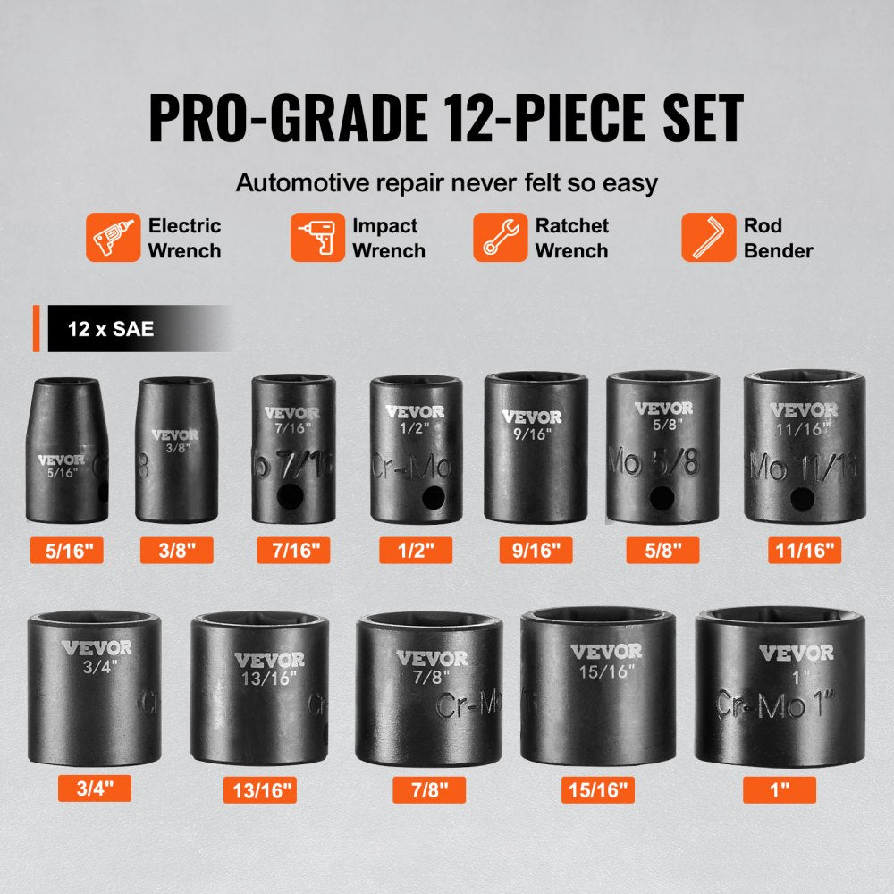 VEVOR 3/8" Drive Impact Socket Set, 12 Piece Shallow Socket Set SAE 5/16"-1", 6 Point Cr-Mo Alloy Steel for Auto Repair, Easy-to-Read Size Markings, Rugged Construction, Includes Storage Case
