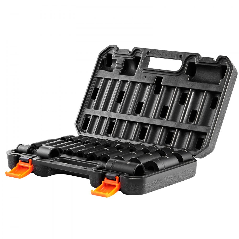 VEVOR 3/8" Drive Impact Socket Set, 25 Piece Deep & Shallow Socket Set SAE 5/16" - 1", 6 Point Cr-Mo Alloy Steel for Auto Repair, Easy-to-Read Size Markings, Rugged Construction, Includes Storage Case