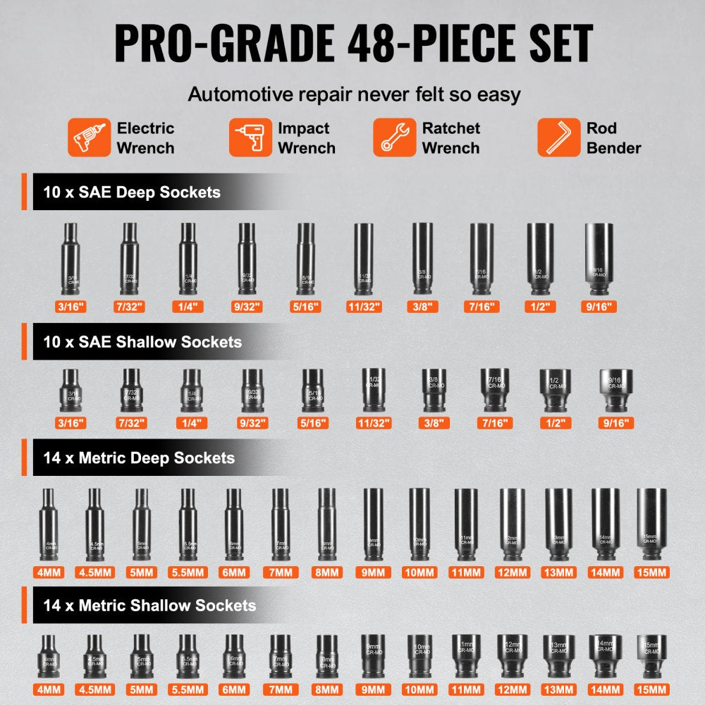VEVOR Drive Impact Socket Set 1/4"  - 14 Piece Deep Socket Set Metric 4-15mm - 6 Point Cr-Mo Alloy Steel for Auto Repair - Easy-to-Read Size Markings - Rugged Construction - Socket Organizer