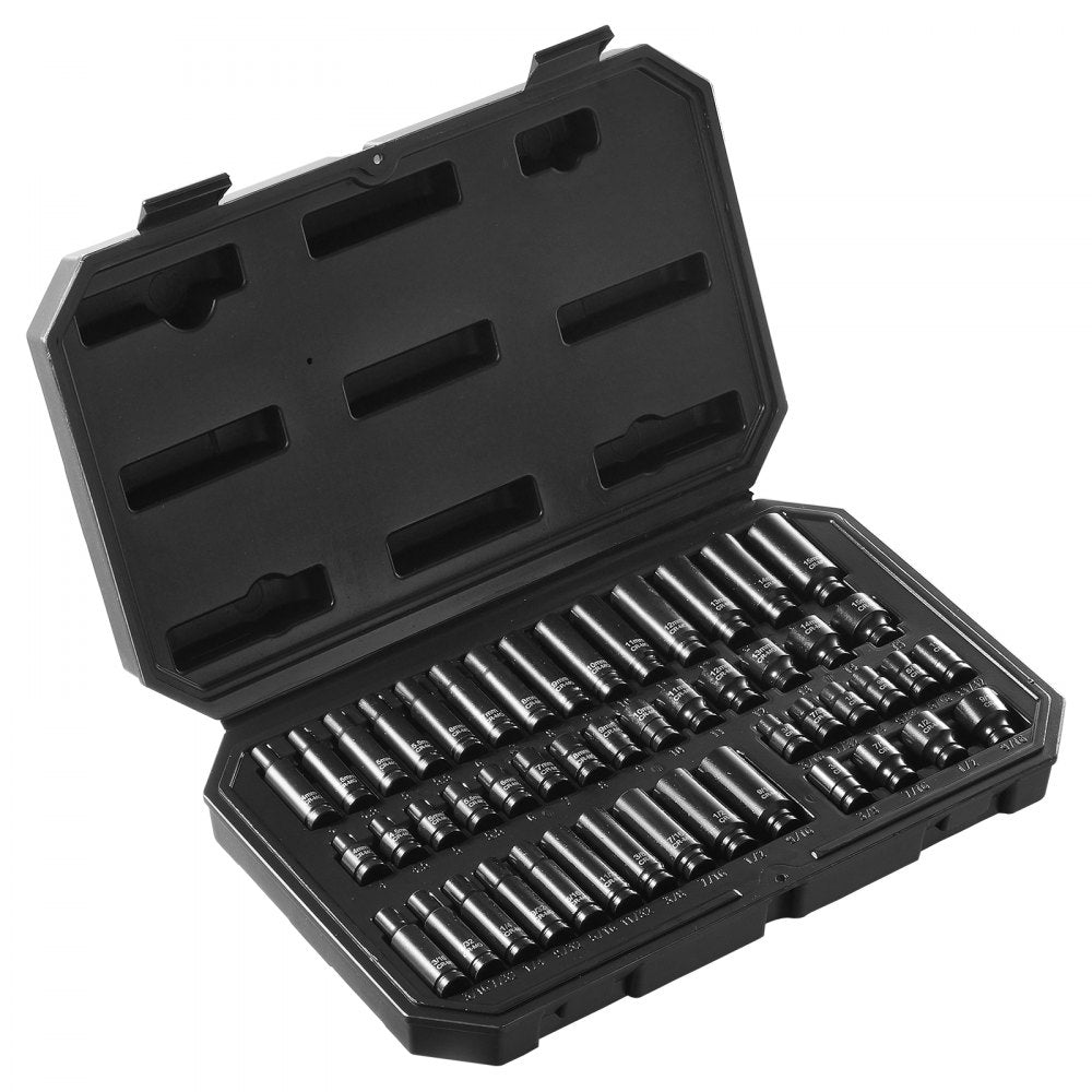 VEVOR Drive Impact Socket Set 1/4"  - 14 Piece Deep Socket Set Metric 4-15mm - 6 Point Cr-Mo Alloy Steel for Auto Repair - Easy-to-Read Size Markings - Rugged Construction - Socket Organizer