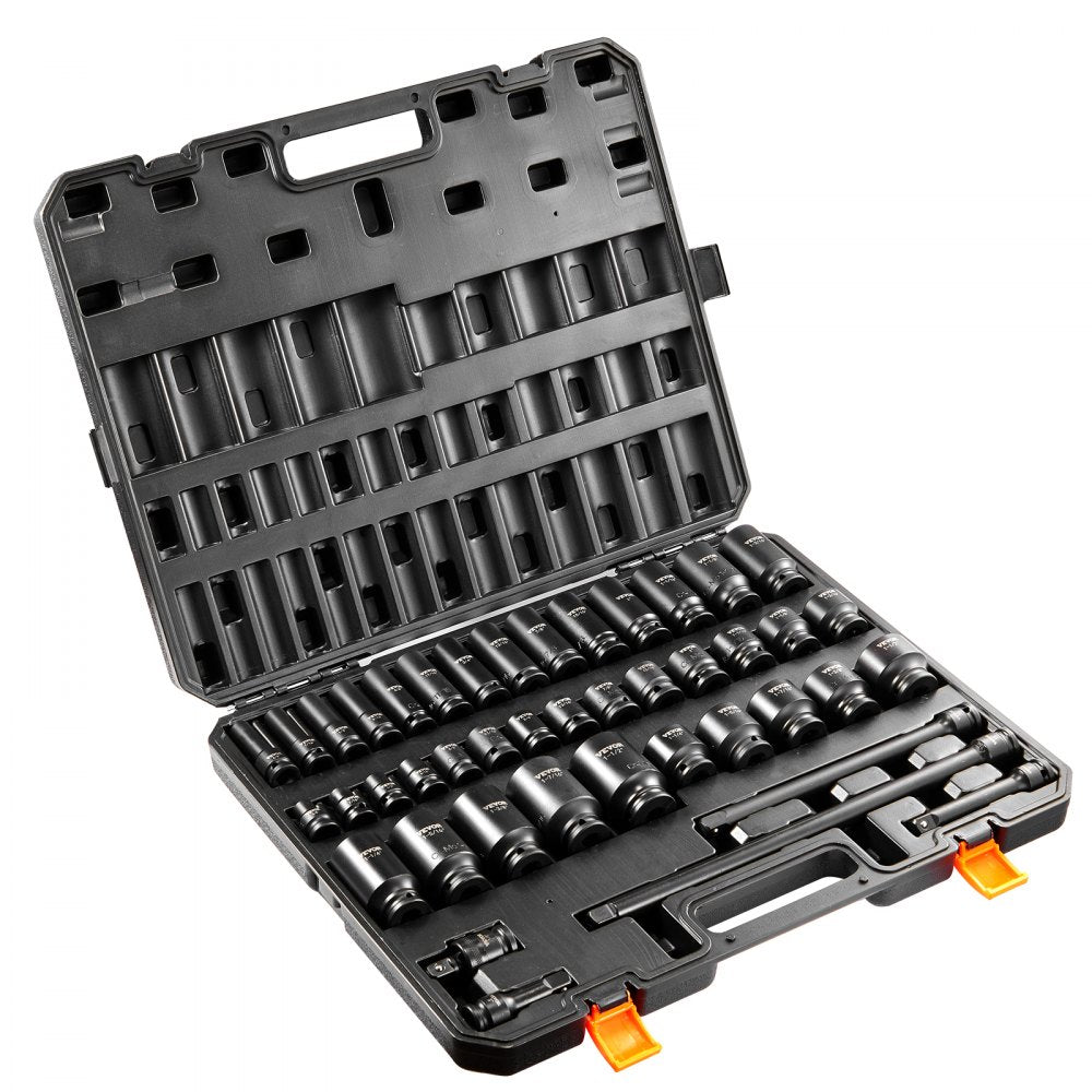 VEVOR 1/2" Drive Impact Socket Set, 43 Piece Deep & Shallow Socket Set SAE 3/8" to 1-1/2", 6 Point Cr-Mo Alloy Steel for Auto Repair, Easy-to-Read Size Markings, Rugged Construction, Storage Case