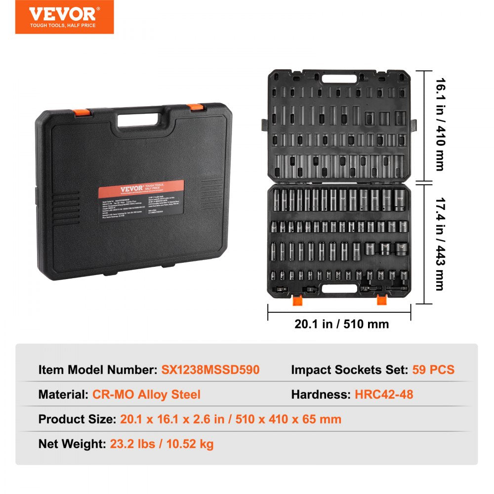 VEVOR 3/8" & 1/2" Drive Impact Socket Set, 59PCS Socket Set SAE 5/16" to 1-1/4" and Metric 6-32mm, 6 Point Cr-Mo Alloy Steel for Auto Repair, Easy-to-Read Markings, Rugged Construction, Storage Case