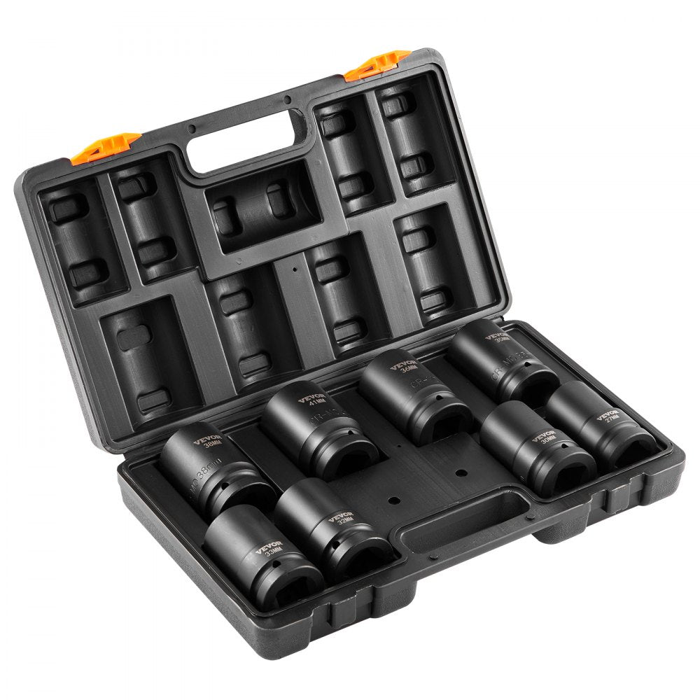 VEVOR 1" Drive Impact Socket Set, 8 Piece Deep Socket Set Metric 27-41mm, 6 Point Cr-Mo Alloy Steel for Auto Repair, Easy-to-Read Size Markings, Rugged Construction, Includes Storage Case