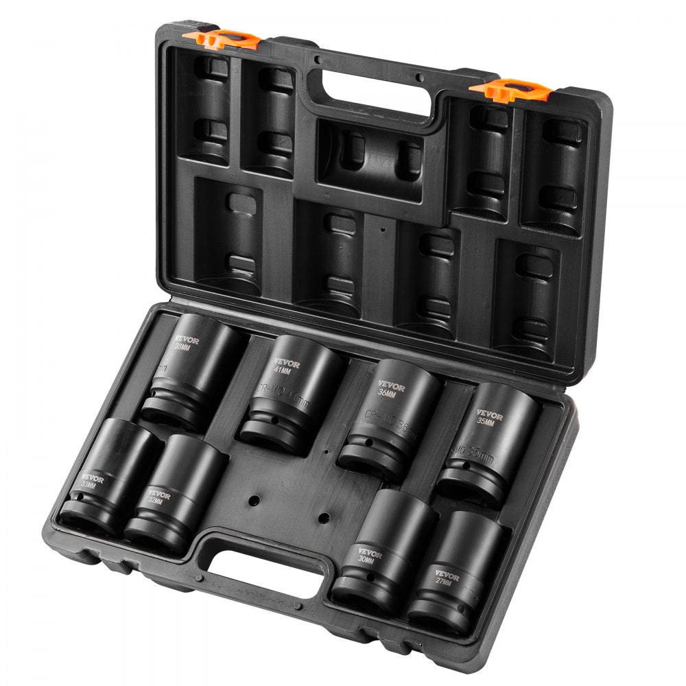 VEVOR 1" Drive Impact Socket Set, 8 Piece Deep Socket Set Metric 27-41mm, 6 Point Cr-Mo Alloy Steel for Auto Repair, Easy-to-Read Size Markings, Rugged Construction, Includes Storage Case