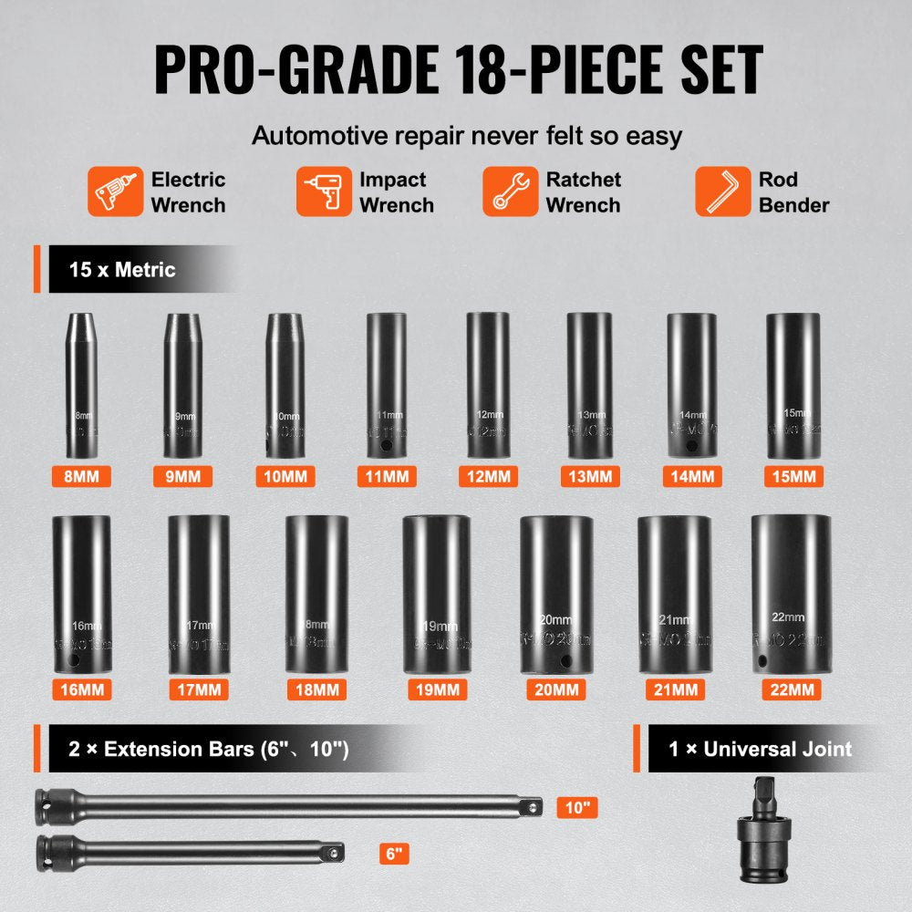VEVOR Drive Impact Socket Set 3/8"  - 18 Piece Deep Socket Set Metric 8-22mm - 6 Point CR-V Alloy Steel for Auto Repair - Easy-to-Read Size Markings - Rugged Construction Includes Storage Case