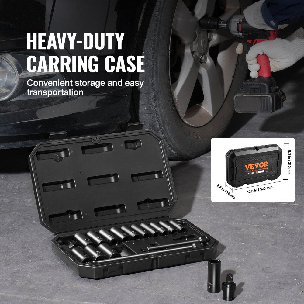 VEVOR Drive Impact Socket Set 3/8"  - 18 Piece Deep Socket Set Metric 8-22mm - 6 Point CR-V Alloy Steel for Auto Repair - Easy-to-Read Size Markings - Rugged Construction Includes Storage Case