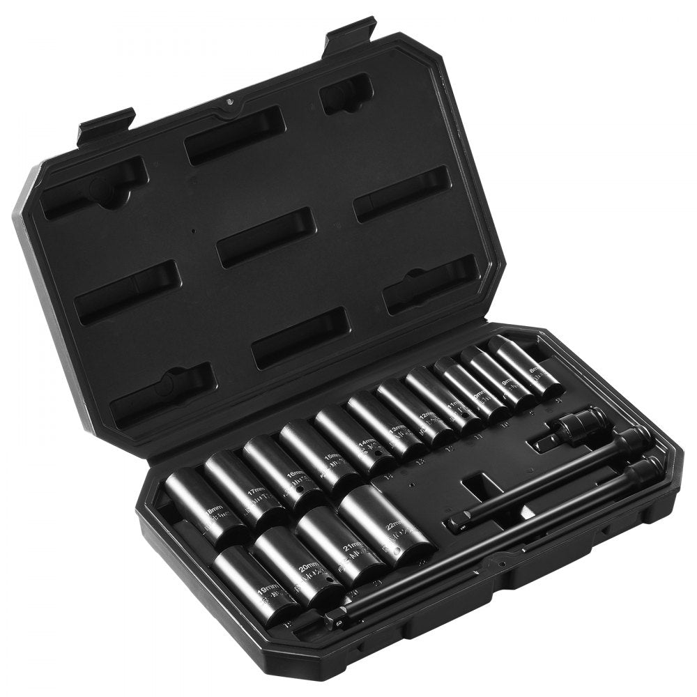 VEVOR Drive Impact Socket Set 3/8"  - 18 Piece Deep Socket Set Metric 8-22mm - 6 Point CR-V Alloy Steel for Auto Repair - Easy-to-Read Size Markings - Rugged Construction Includes Storage Case