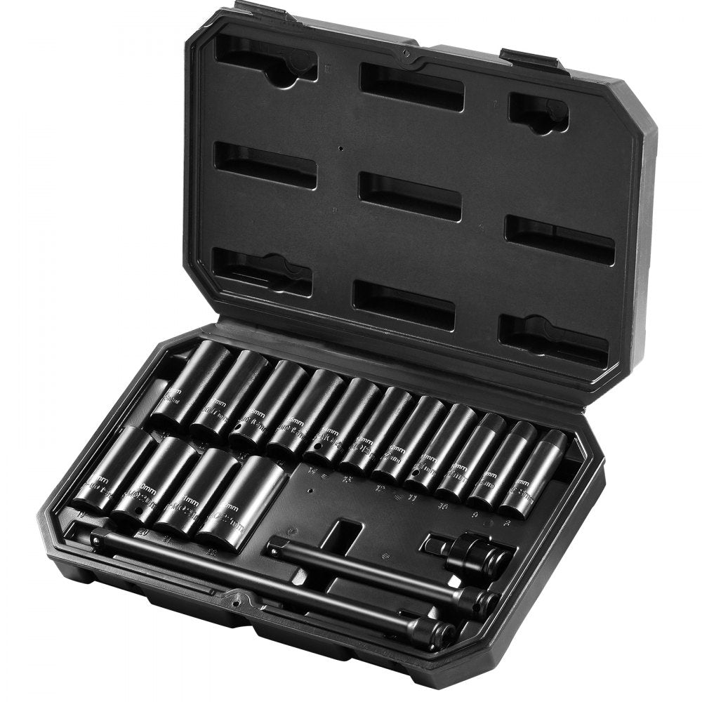 VEVOR Drive Impact Socket Set 3/8"  - 18 Piece Deep Socket Set Metric 8-22mm - 6 Point CR-V Alloy Steel for Auto Repair - Easy-to-Read Size Markings - Rugged Construction Includes Storage Case