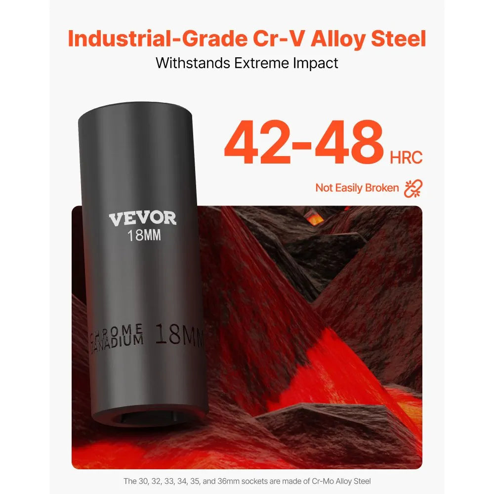 VEVOR Drive Impact Socket Set 1/2" - 26 Piece Deep Socket Set Metric 11-36 mm, 6 Point CR-V & Cr-Mo Alloy Steel for Auto Repair - Easy-to-Read Size Markings, Rugged Sockets Organizer, Storage Case
