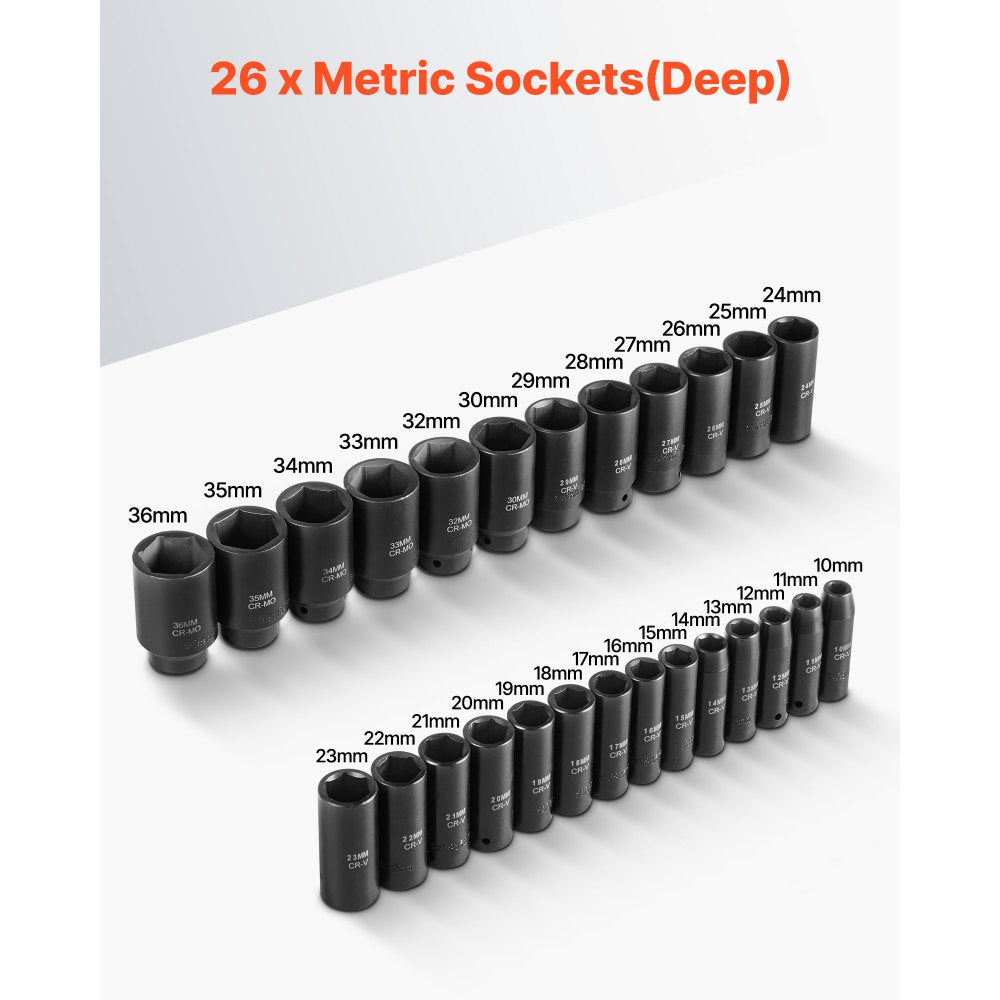 VEVOR Drive Impact Socket Set 1/2" - 26 Piece Deep Socket Set Metric 11-36 mm, 6 Point CR-V & Cr-Mo Alloy Steel for Auto Repair - Easy-to-Read Size Markings, Rugged Sockets Organizer, Storage Case